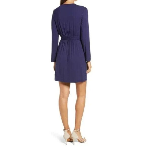 Women's Fraiche by J Navy Wrap Dress Long Sleeve Tie Front Stretchy Knit Small - Picture 2 of 8